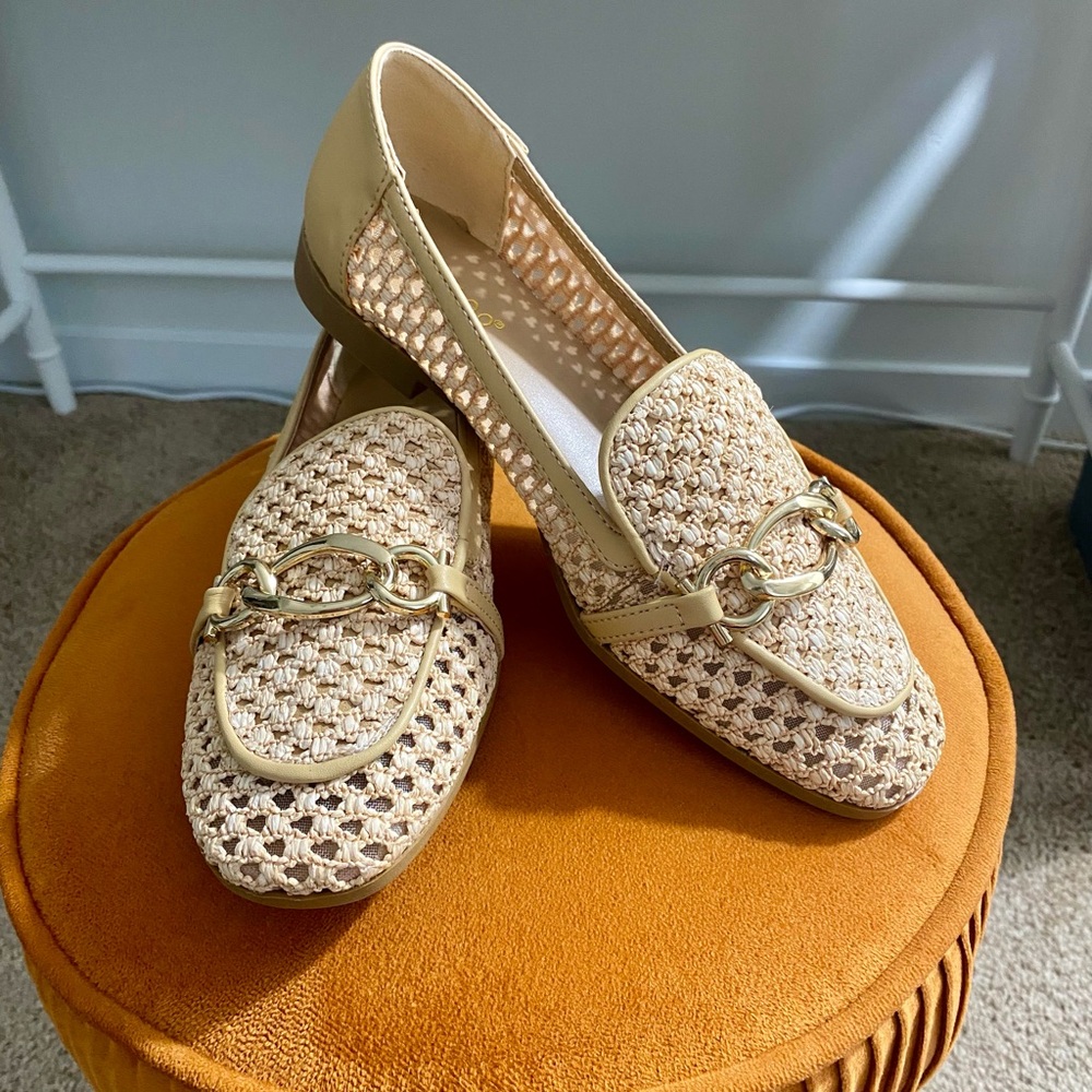 Never Worn BAMBOO Woven Loafers with Gold Accents